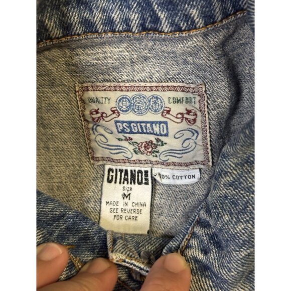 GITANO VTG Jean Denim Jacket Vest 90s Y2k Acid Mid Wash Biker Preppy Grunge M - Picture 3 of 8